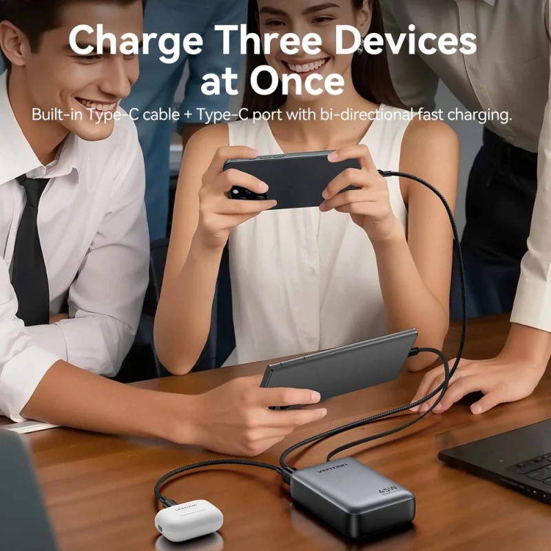 УМБ Vention 20000mAh 45W PD3.1, USB-A, USB-C In/Out, with Built-in USB-C cable Gray