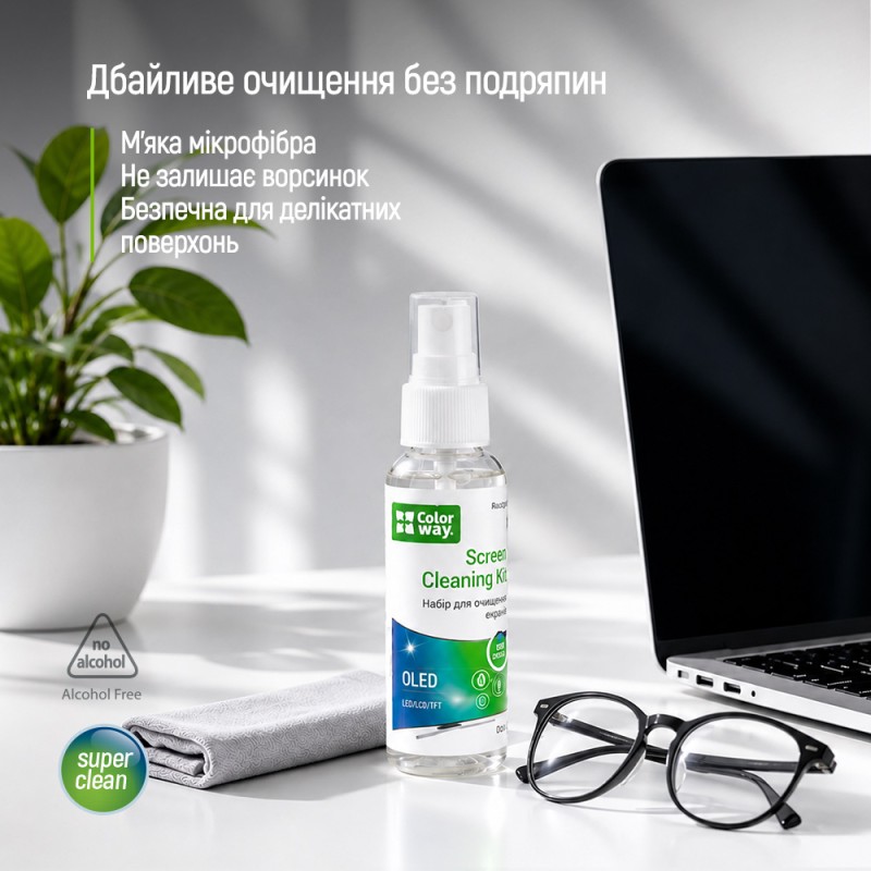 Чист. CW для очищення екранів та скла ColorWay CW-2615 (60 мл + мікрофібра)