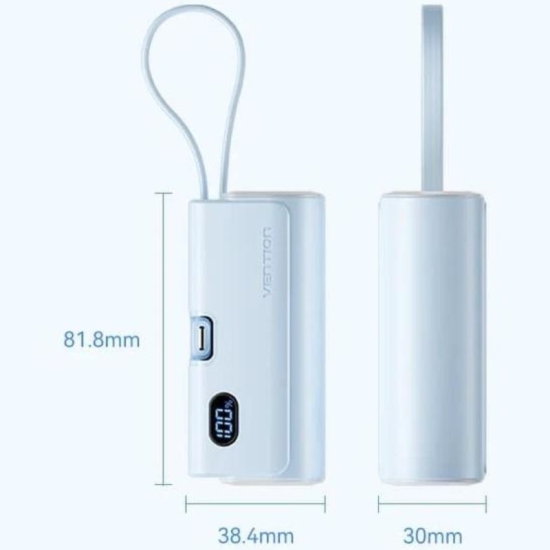 УМБ Vention 4800mAh 22,5W PD, USB-C In/Out, LED display, with built-in USB-C cable Blue
