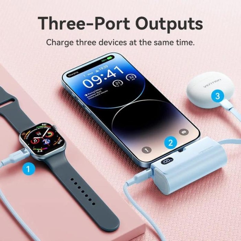 УМБ Vention 4800mAh 22,5W PD, USB-C In/Out, LED display, with built-in USB-C cable Blue