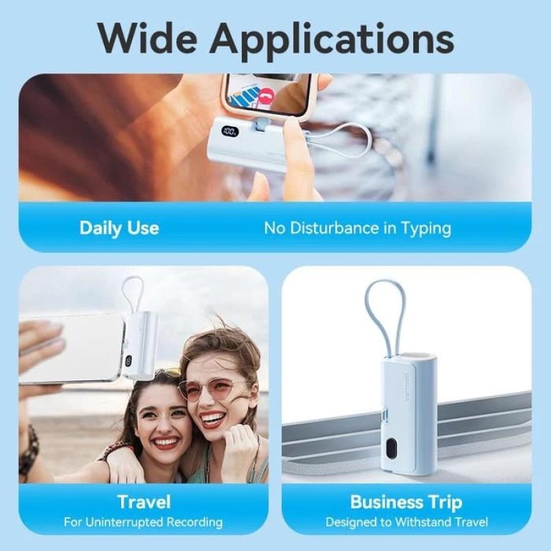 УМБ Vention 4800mAh 22,5W PD, USB-C In/Out, LED display, with built-in USB-C cable Blue