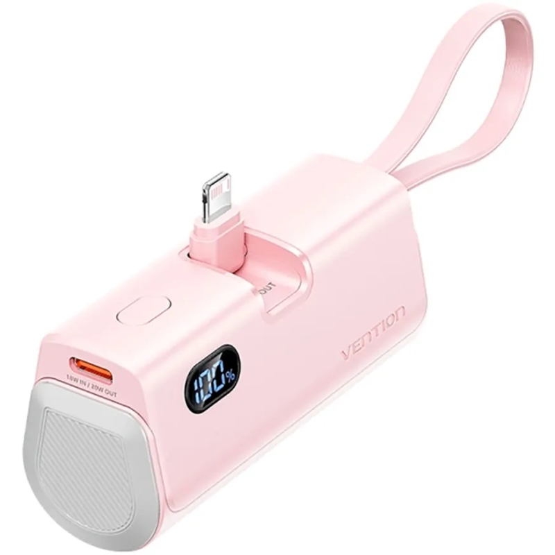 УМБ Vention 4800mAh 22,5W PD, USB-C In/Out, LED display, with built-in USB-C cable Pink