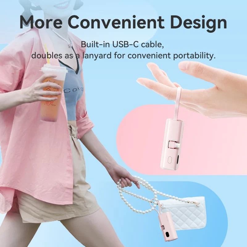 УМБ Vention 4800mAh 22,5W PD, USB-C In/Out, LED display, with built-in USB-C cable Pink