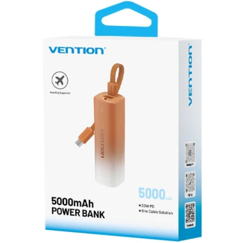 УМБ Vention 5000mAh 20W PD, USB-C In/Out, Lightning In/Out, with cable, Gold УМБ Vention 5000mAh 20W PD, USB-C In/Out, Lightning In/Out, with cable, Gold