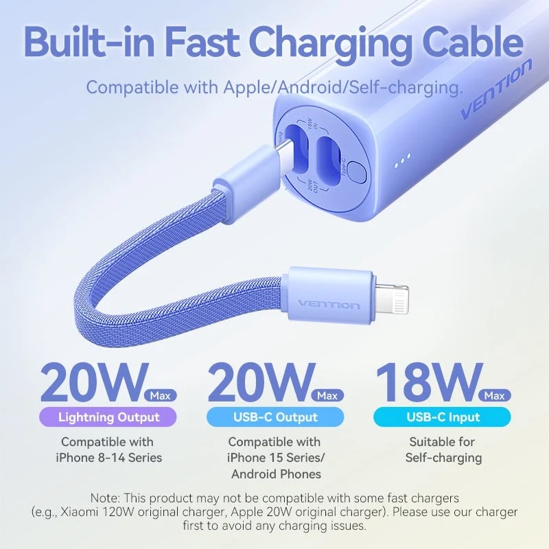 УМБ Vention 5000mAh 20W PD, USB-C In/Out, Lightning In/Out, with cable, Gold УМБ Vention 5000mAh 20W PD, USB-C In/Out, Lightning In/Out, with cable, Gold