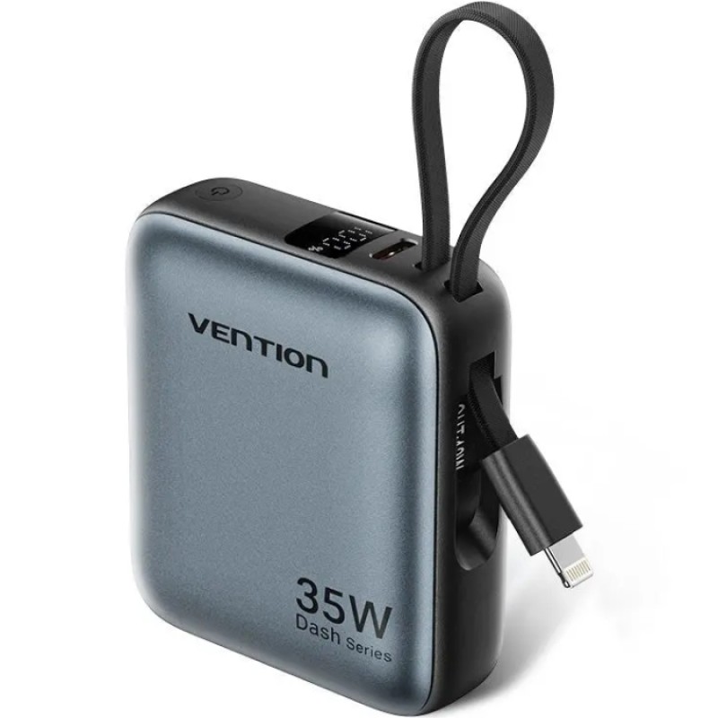 УМБ Vention 10000mAh 35W PD, USB-C In/Out, built-in USB-C, Lightning Cables, LED Display, Gray