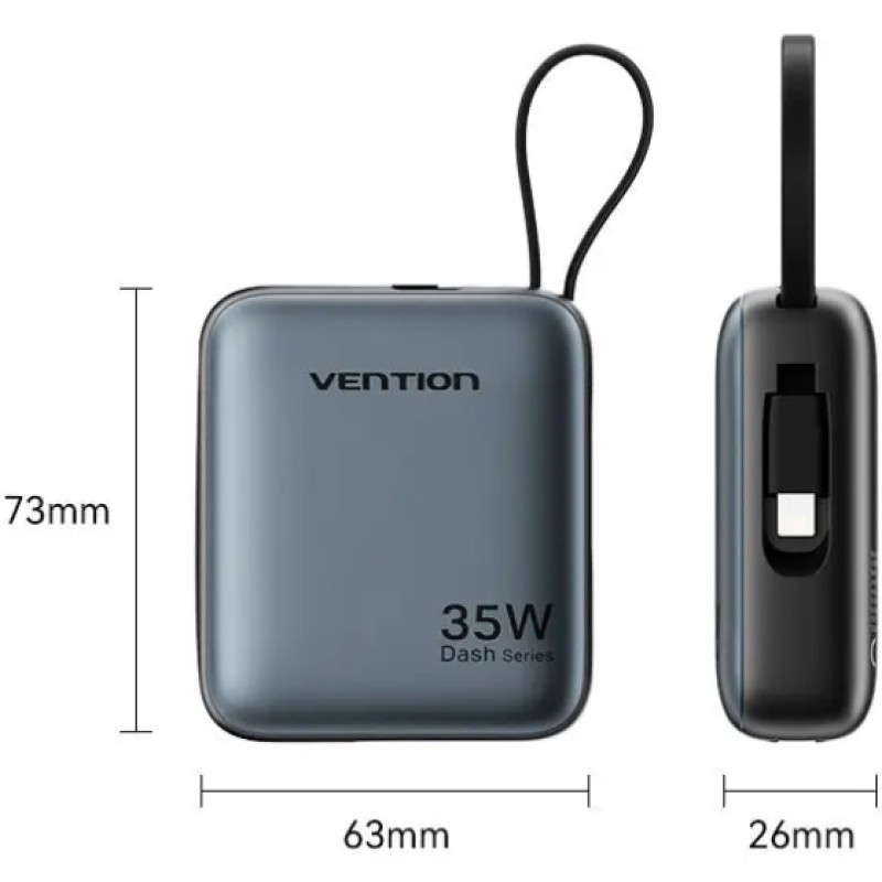 УМБ Vention 10000mAh 35W PD, USB-C In/Out, built-in USB-C, Lightning Cables, LED Display, Gray