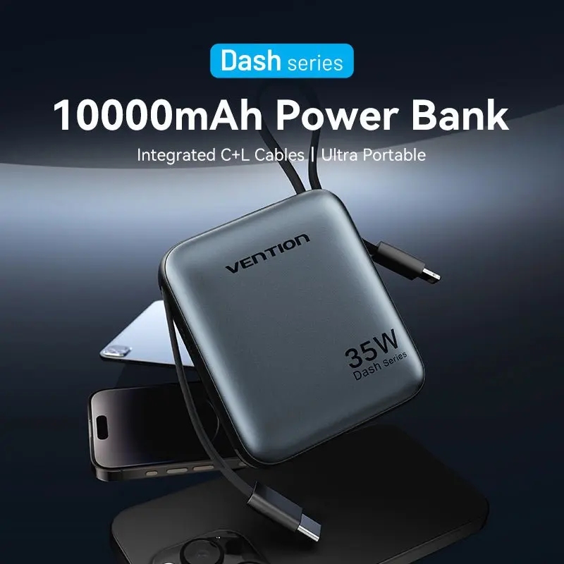 УМБ Vention 10000mAh 35W PD, USB-C In/Out, built-in USB-C, Lightning Cables, LED Display, Gray
