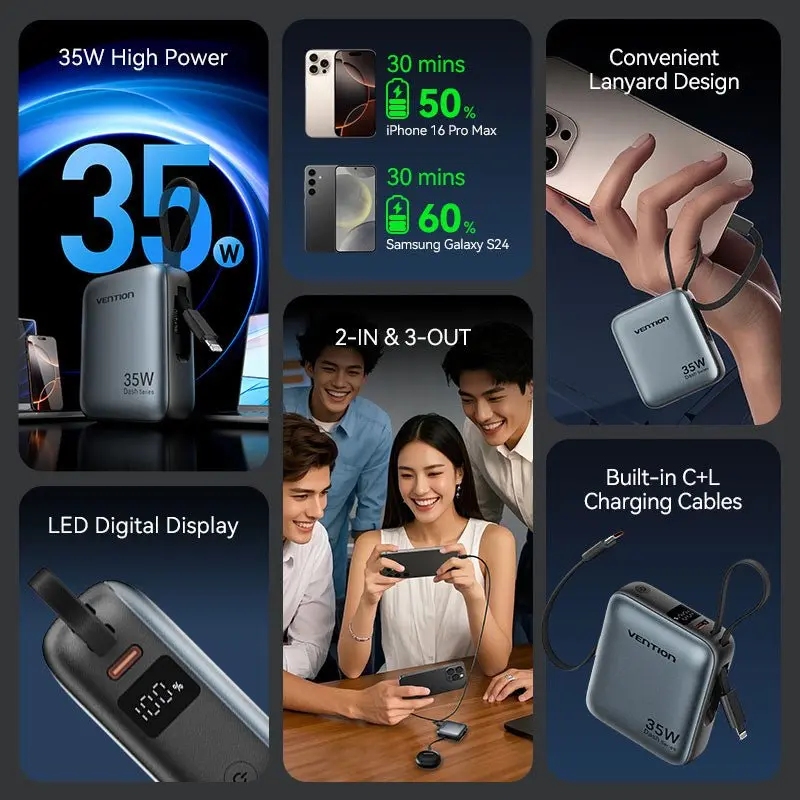 УМБ Vention 10000mAh 35W PD, USB-C In/Out, built-in USB-C, Lightning Cables, LED Display, Gray