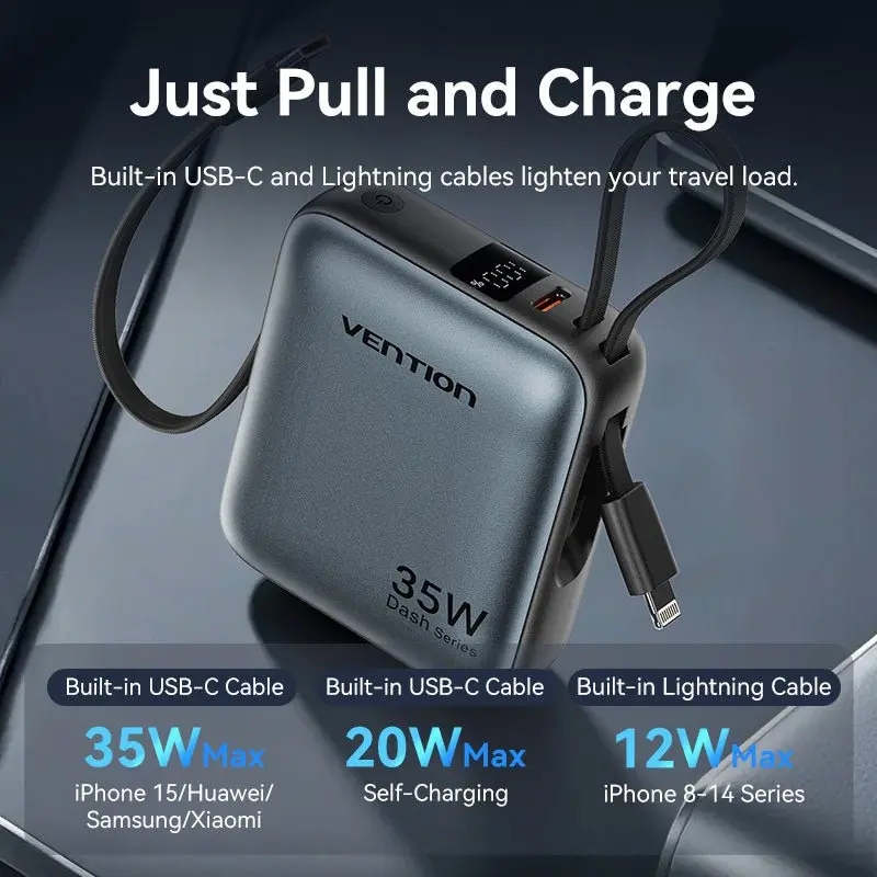 УМБ Vention 10000mAh 35W PD, USB-C In/Out, built-in USB-C, Lightning Cables, LED Display, Gray