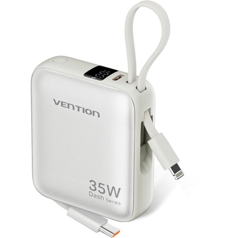УМБ Vention 10000mAh 35W PD, USB-C In/Out, built-in USB-C, Lightning Cables, LED Display, Beige