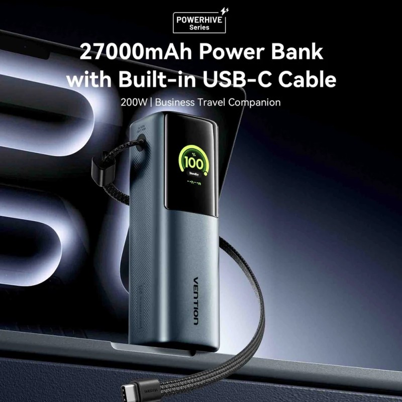 УМБ Vention 27000mAh 200W PD3.1, USB-A, USB-C In/Out, with Built-in USB-C Cable, TFT Display, Gray УМБ Vention 27000mAh 200W PD3.1, USB-A, USB-C In/Out, with Built-in USB-C Cable, TFT Display, Gray