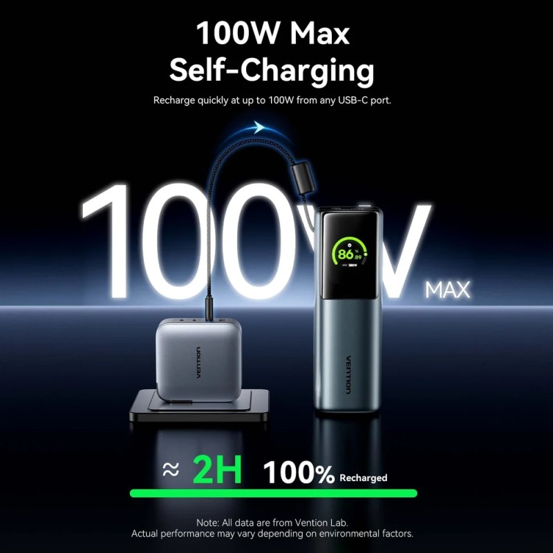 УМБ Vention 27000mAh 200W PD3.1, USB-A, USB-C In/Out, with Built-in USB-C Cable, TFT Display, Gray УМБ Vention 27000mAh 200W PD3.1, USB-A, USB-C In/Out, with Built-in USB-C Cable, TFT Display, Gray