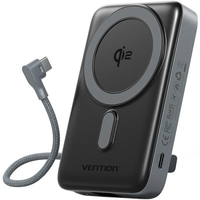УМБ Vention Magnetic Wireless 10000mAh 35W PD USB-C In/Out, with built-in USB-C cable, QI-2 15W Gray