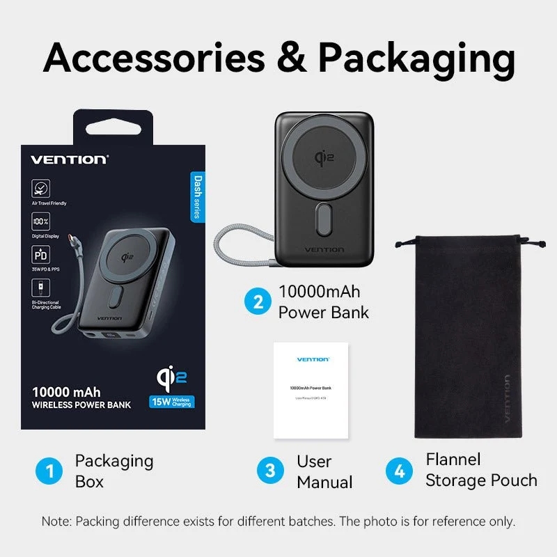 УМБ Vention Magnetic Wireless 10000mAh 35W PD USB-C In/Out, with built-in USB-C cable, QI-2 15W Gray