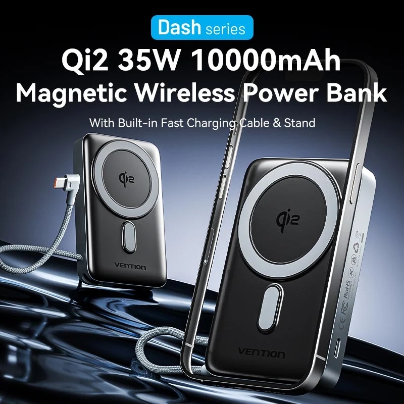 УМБ Vention Magnetic Wireless 10000mAh 35W PD USB-C In/Out, with built-in USB-C cable, QI-2 15W Gray