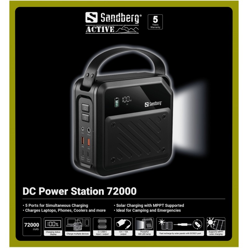 УМБ Sandberg 72000mAh 268W, DC9,6–12,6v, 2xUSB-A, 2xUSB-C 100w In/Out, LMFP, ліхтарик 6Вт