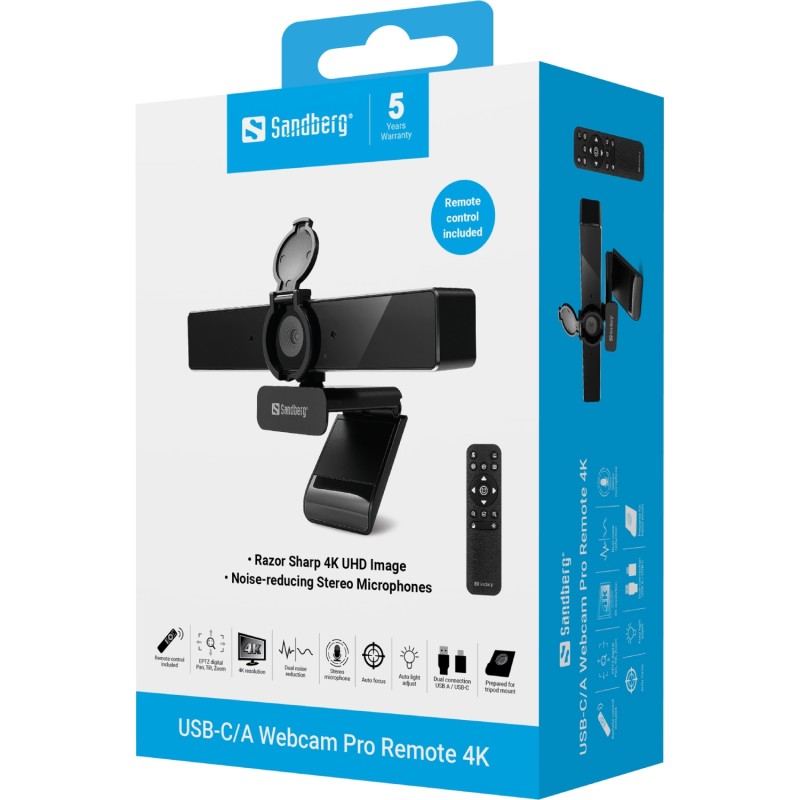 Веб-камера Sandberg 4K Webcam USB-A/USB-C connection, ENC, Remote control Веб-камера Sandberg 4K Webcam USB-A/USB-C connection, ENC, Remote control