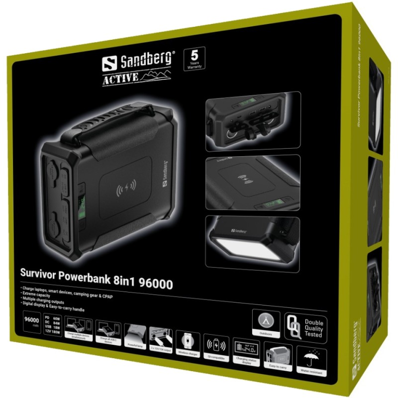 УМБ Sandberg 96000mAh Survivor DC84W PD USB-C60W Cigar Lighter 180W 2USB-A18W,Wireless LiFePo4 УМБ Sandberg 96000mAh Survivor DC84W PD USB-C60W Cigar Lighter 180W 2USB-A18W,Wireless LiFePo4