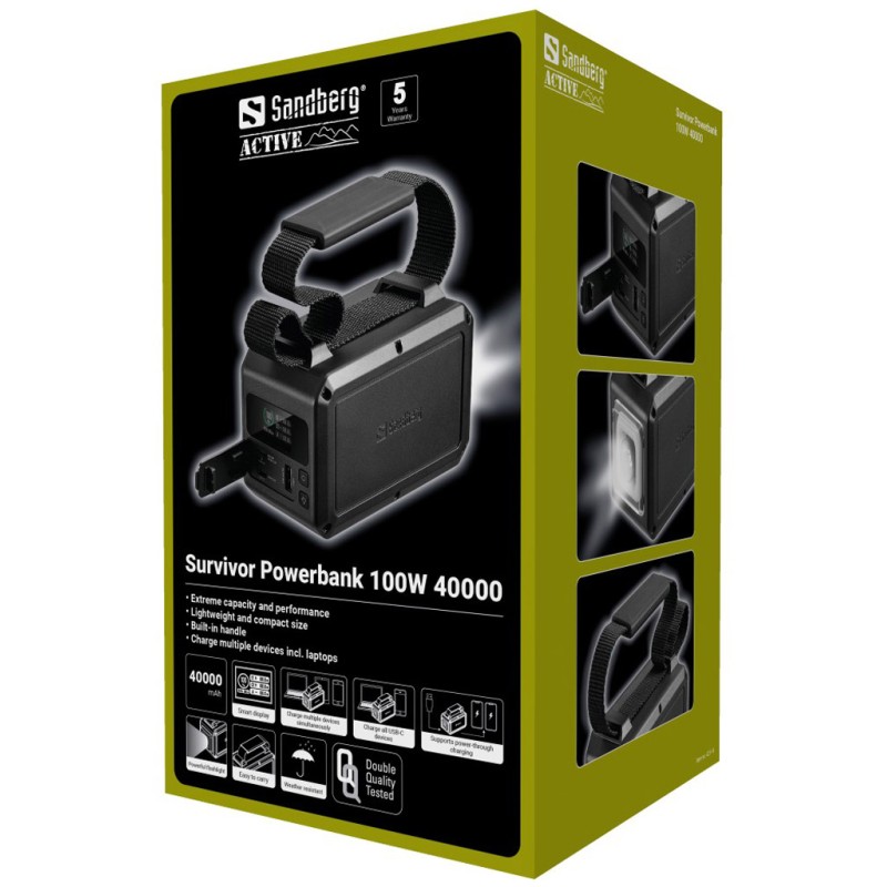 УМБ Sandberg 40000mAh,Survivor 100W, 2xUSB-С, USB-A, LED ліхтар, PowerThru, чорний