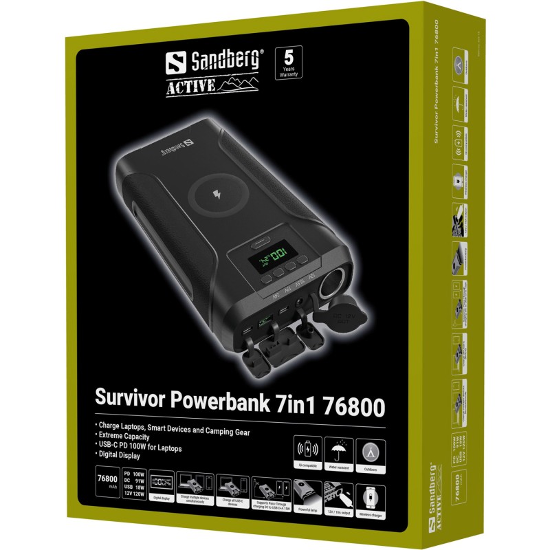 УМБ Sandberg 76800mAh Survivor DC91W PD100W,2xUSB-С+USB-A18W,Cigar Lighter120W,QI-15W,PowerThru УМБ Sandberg 76800mAh Survivor DC91W PD100W,2xUSB-С+USB-A18W,Cigar Lighter120W,QI-15W,PowerThru
