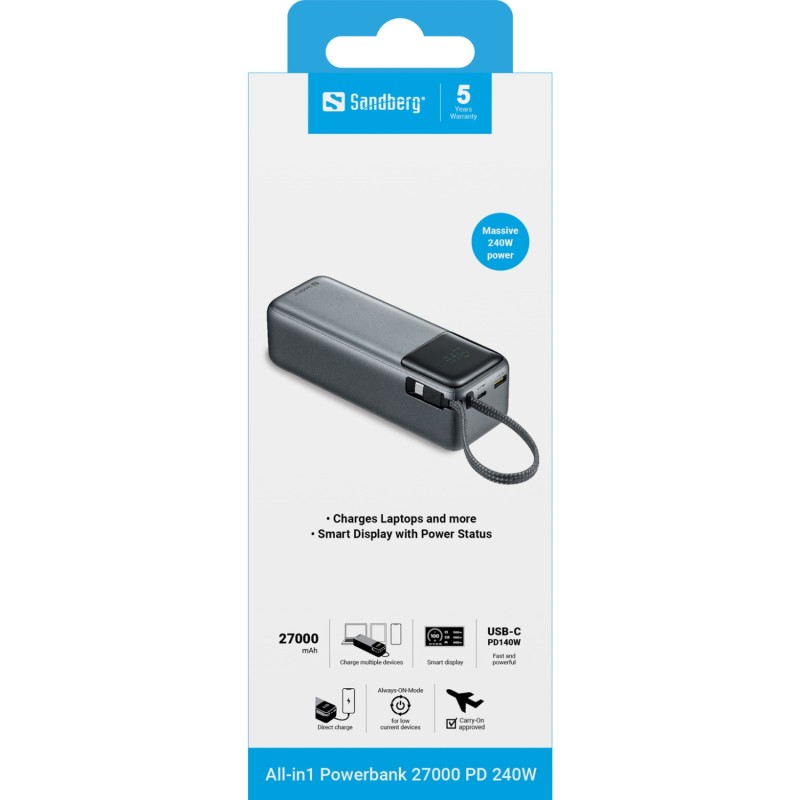 УМБ Sandberg 27000mAh 240W PD, USB-A, USB-C In/Out, with built-in Type-C cable 140W УМБ Sandberg 27000mAh 240W PD, USB-A, USB-C In/Out, with built-in Type-C cable 140W