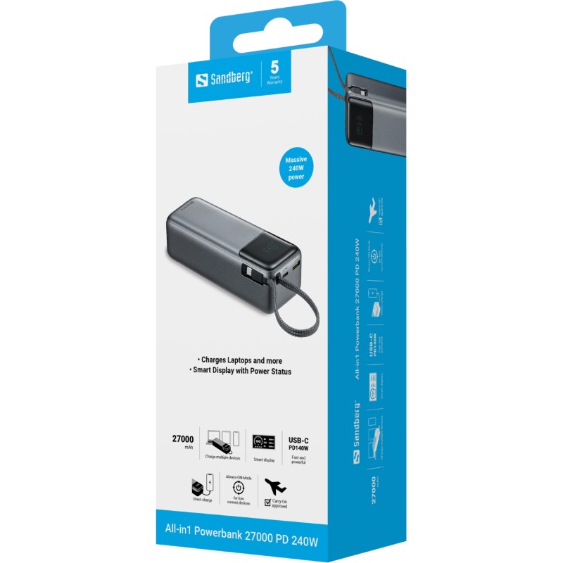 УМБ Sandberg 27000mAh 240W PD, USB-A, USB-C In/Out, with built-in Type-C cable 140W УМБ Sandberg 27000mAh 240W PD, USB-A, USB-C In/Out, with built-in Type-C cable 140W