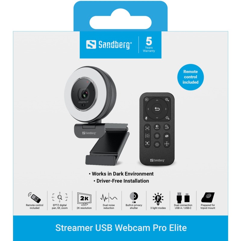 Веб-камера Sandberg Streamer USB Webcam Pro Elite Full HD, Remote control, USB-A/USB-C connection