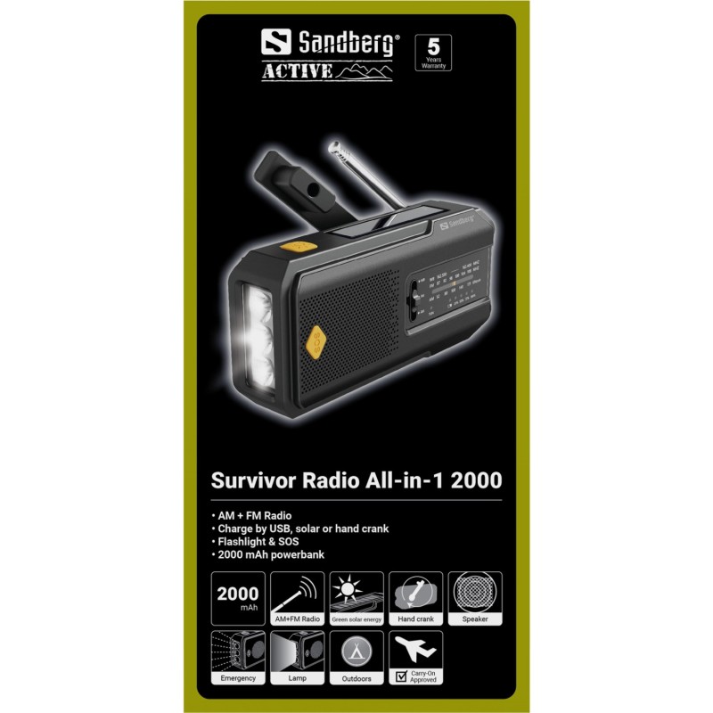 Радіо приймач FM/AM Survivor Radio All-in-1 2000, solar charger, powerbank, Flashlight, Sandberg