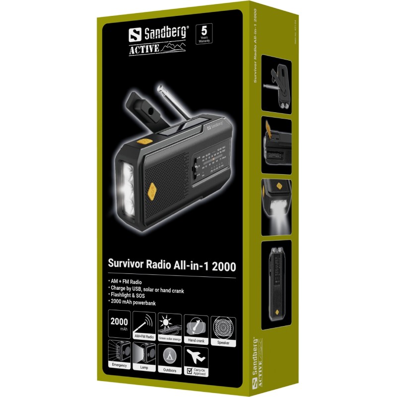 Радіо приймач FM/AM Survivor Radio All-in-1 2000, solar charger, powerbank, Flashlight, Sandberg