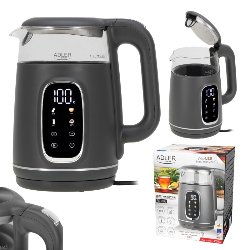 Електрочайник Adler AD 1305 grey 1850-2200Вт/ 1.7л/ скло/ встановлення температури/ Електрочайник Adler AD 1305 grey 1850-2200Вт/ 1.7л/ скло/ встановлення температури/