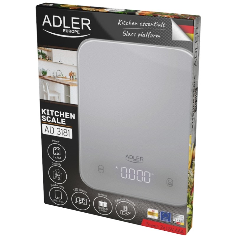 Ваги кухонні Adler AD 3181 grey електронні/ 10кг/ г; кг, фунт/ 2хААА/ автовимкнення/ скло Ваги кухонні Adler AD 3181 grey електронні/ 10кг/ г; кг, фунт/ 2хААА/ автовимкнення/ скло