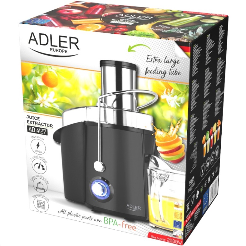 Соковитискач Adler AD 4127 black 1000Вт/ контейнер для соку-1л/ контейнер для м'якот-2л/і чорний Соковитискач Adler AD 4127 black 1000Вт/ контейнер для соку-1л/ контейнер для м'якот-2л/і чорний