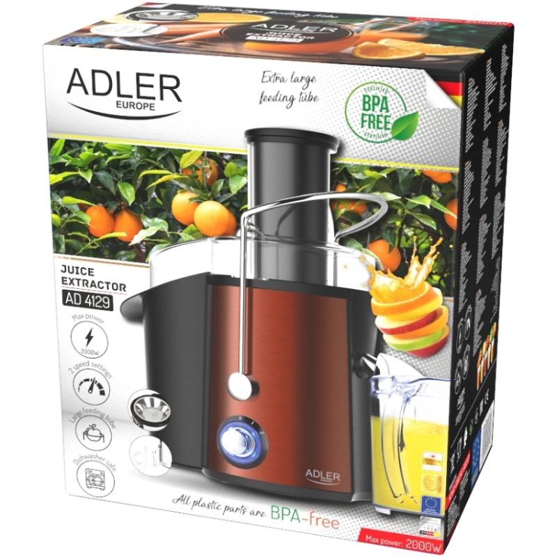 Соковитискач Adler AD 4129 copper 1000Вт/ контейнер для соку-1л/ контейнер для м'якот-2л/і мідний Соковитискач Adler AD 4129 copper 1000Вт/ контейнер для соку-1л/ контейнер для м'якот-2л/і мідний