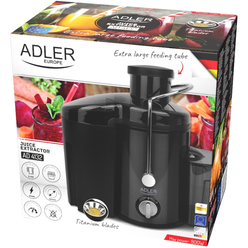 Соковитискач Adler AD 4132 dark inox 600Вт/ контейнер для соку-0,45л/ контейнер для м'якоті-1,5л Соковитискач Adler AD 4132 dark inox 600Вт/ контейнер для соку-0,45л/ контейнер для м'якоті-1,5л