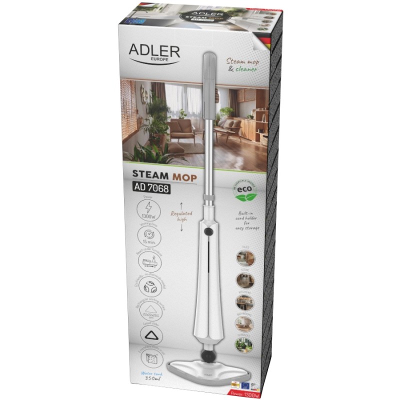 Парова швабра Adler AD 7068 1300Вт/ 350мл/ 23 г/хв/ біла Парова швабра Adler AD 7068 1300Вт/ 350мл/ 23 г/хв/ біла