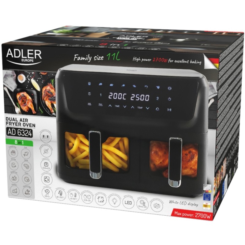 Мультипечь (аэрофритюрница) Adler AD 6324 11 л, 2700 Вт, чёрная