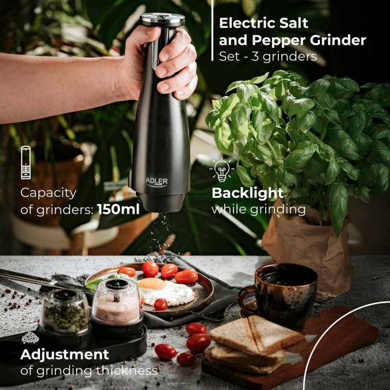 Млинок для спецій Adler AD 4449 black електричний/150мл/керамічні жорна/USB-C/3 змінні млинки/чорний