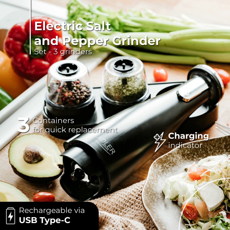 Млинок для спецій Adler AD 4449 black електричний/150мл/керамічні жорна/USB-C/3 змінні млинки/чорний