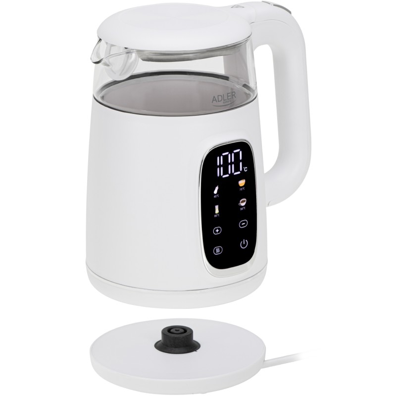 Електрочайник Adler AD 1305 white silver 1850-2200Вт/ 1.7л/ скло/ встановлення температури/