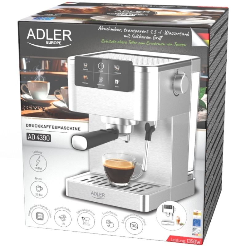 Кавомашина (кавоварка) Adler AD 4390 1350 Вт, 20 бар, 1,5 л, сіра