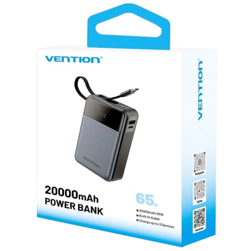 УМБ Vention 20000mAh 65W PD,QC3.0,USB-A,1хUSB-C In/Out, with Built-in USB-C Cable, LED Display,Black УМБ Vention 20000mAh 65W PD,QC3.0,USB-A,1хUSB-C In/Out, with Built-in USB-C Cable, LED Display,Black