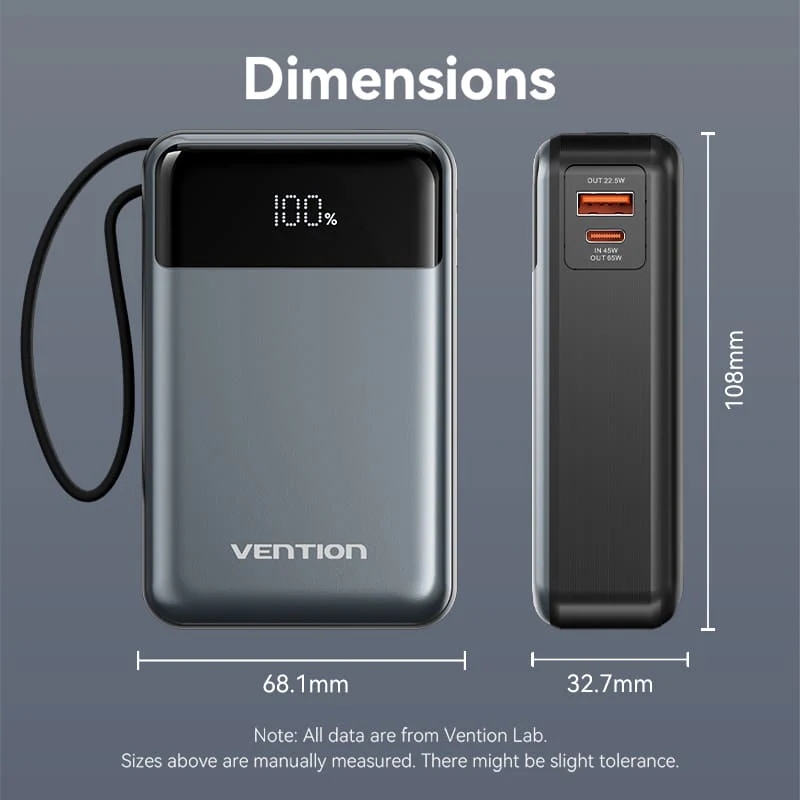 УМБ Vention 20000mAh 65W PD,QC3.0,USB-A,1хUSB-C In/Out, with Built-in USB-C Cable, LED Display,Black УМБ Vention 20000mAh 65W PD,QC3.0,USB-A,1хUSB-C In/Out, with Built-in USB-C Cable, LED Display,Black