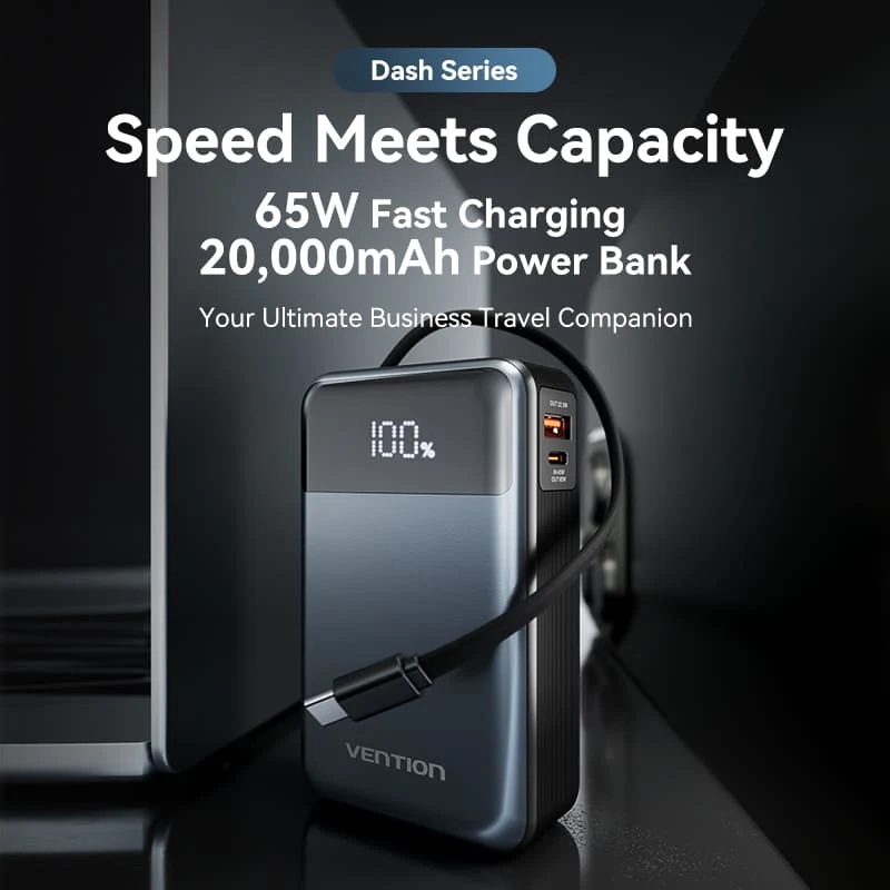 УМБ Vention 20000mAh 65W PD,QC3.0,USB-A,1хUSB-C In/Out, with Built-in USB-C Cable, LED Display,Black УМБ Vention 20000mAh 65W PD,QC3.0,USB-A,1хUSB-C In/Out, with Built-in USB-C Cable, LED Display,Black