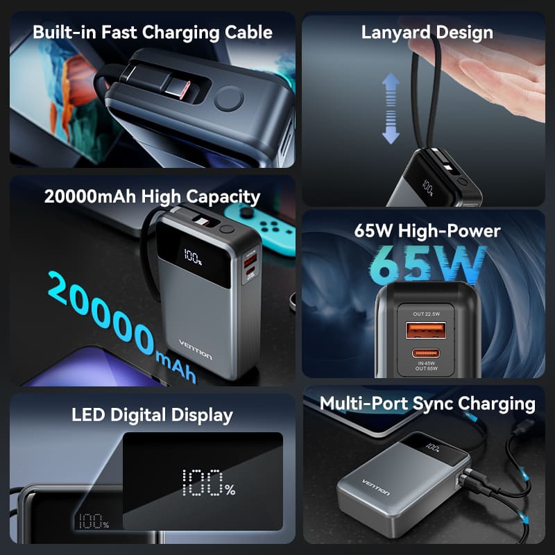 УМБ Vention 20000mAh 65W PD,QC3.0,USB-A,1хUSB-C In/Out, with Built-in USB-C Cable, LED Display,Black УМБ Vention 20000mAh 65W PD,QC3.0,USB-A,1хUSB-C In/Out, with Built-in USB-C Cable, LED Display,Black