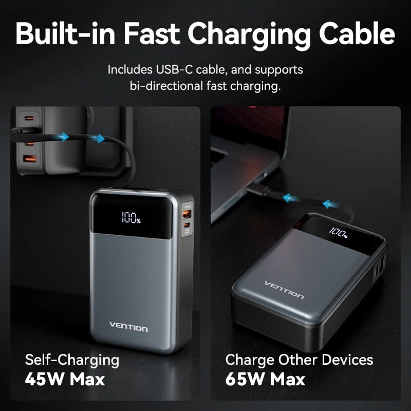 УМБ Vention 20000mAh 65W PD,QC3.0,USB-A,1хUSB-C In/Out, with Built-in USB-C Cable, LED Display,Black УМБ Vention 20000mAh 65W PD,QC3.0,USB-A,1хUSB-C In/Out, with Built-in USB-C Cable, LED Display,Black