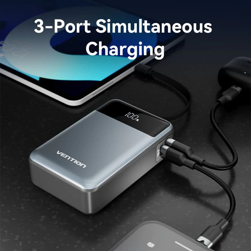 УМБ Vention 20000mAh 65W PD,QC3.0,USB-A,1хUSB-C In/Out, with Built-in USB-C Cable, LED Display,Black УМБ Vention 20000mAh 65W PD,QC3.0,USB-A,1хUSB-C In/Out, with Built-in USB-C Cable, LED Display,Black