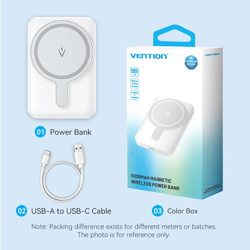 УМБ Vention Magnetic Wireless 5000mAh 20W 3A, PD USB-C In/Out ,Light Indicator, White
