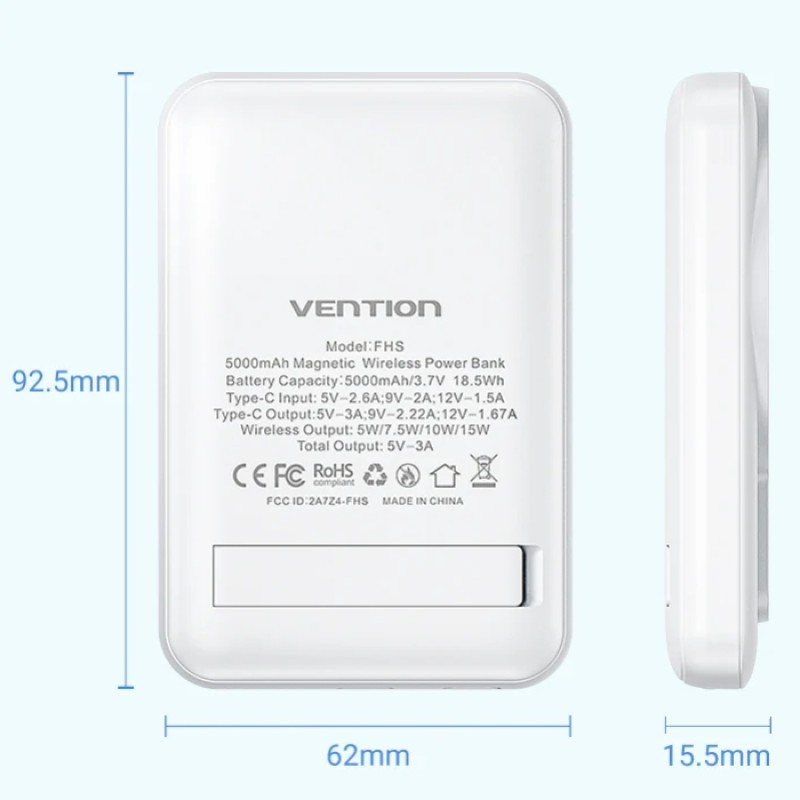 УМБ Vention Magnetic Wireless 5000mAh 20W 3A, PD USB-C In/Out ,Light Indicator, White