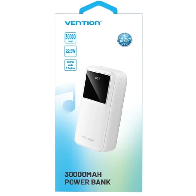 УМБ Vention 30000mAh 22.5W, PD,QC3.0, Micro-USB,USB-C,2xUSB-A,LED Display White